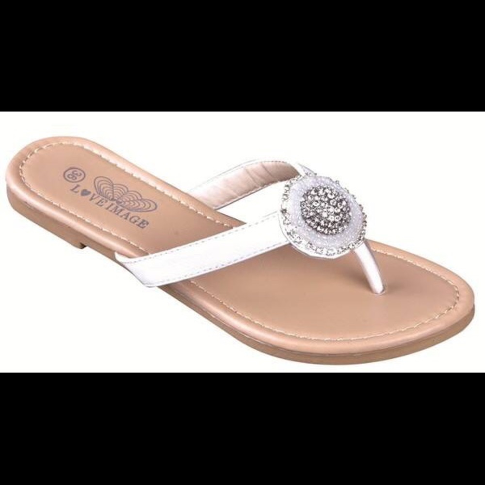 Beaded detail flip flop sandals in white.